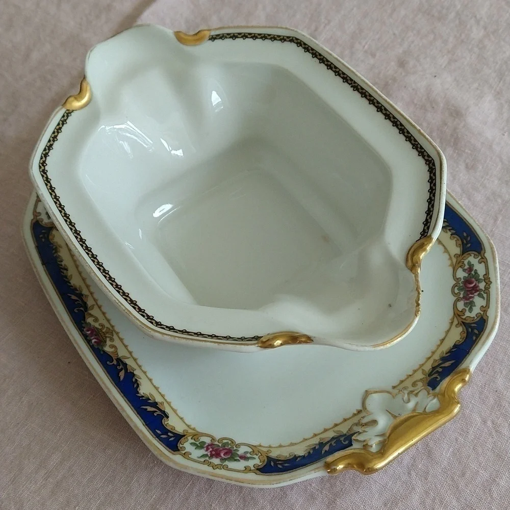 Antique Limoges porcelain navy white gold hand painted gravy boat tray la cloche